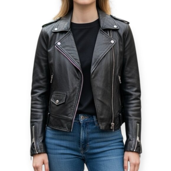Topshop Jackets & Blazers - Topshop Women’s Genuine Leather Moto Biker Jacket Black Size US 8 UK 12